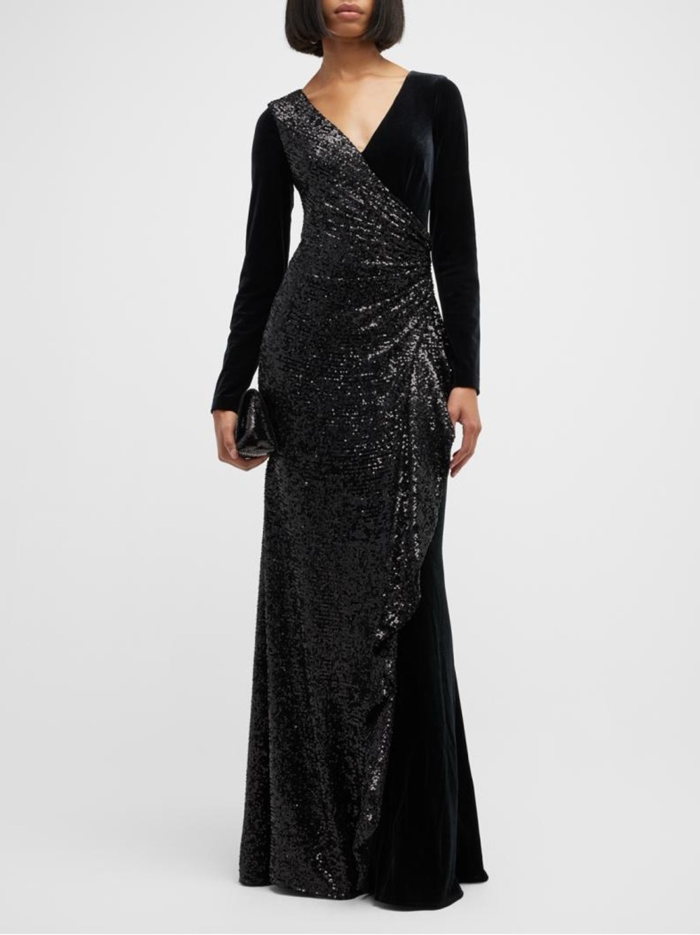Rickie Freeman for Teri Jon-Black Long-Sleeve Draped, Formal Evening Gown
